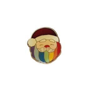 Santa Clause Christmas Rainbow Beard Pin Brooch Vintage Enamel Gold Tone Pride